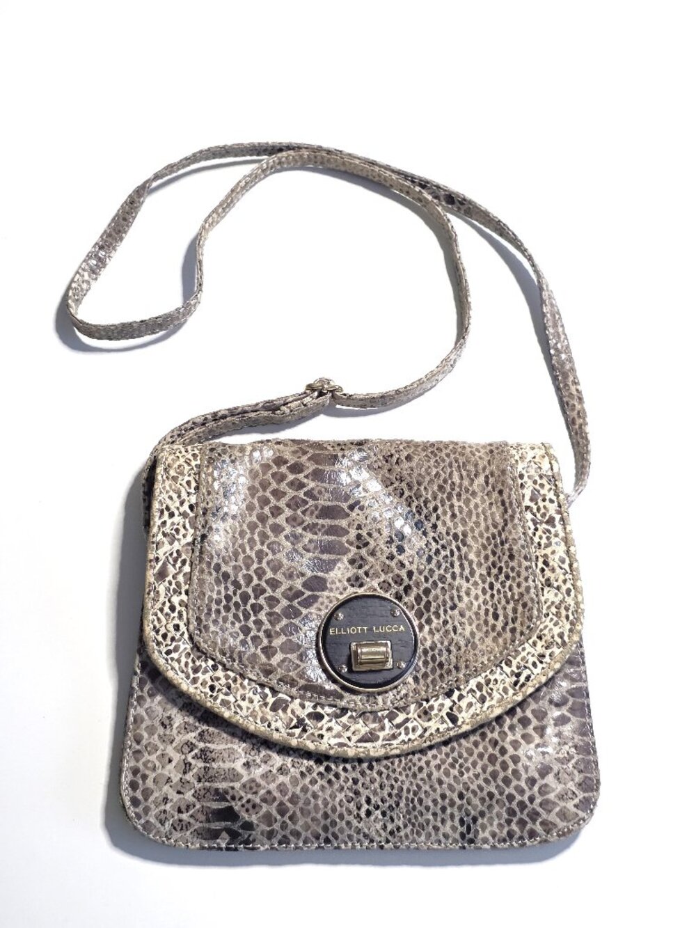 Elliot Lucca taupe gray beige leather snakeskin bag